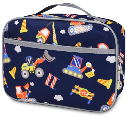 Alederways Lonchera aislada, bolsa de almuerzo para niños, lonchera térmica portátil para escuela, picnic, trabajo, viajes (azul oscuro, coche de ingeniería)