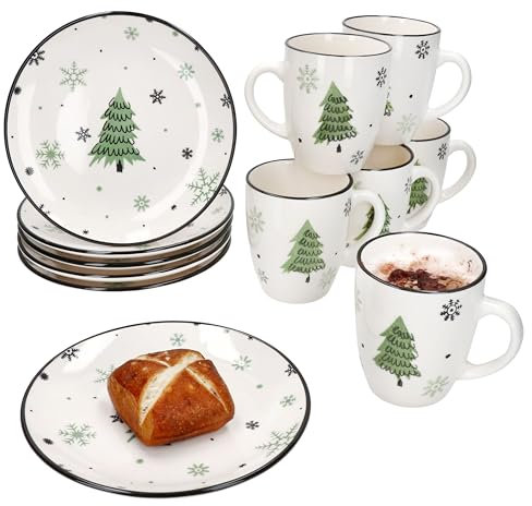 MamboCat Weihnachtsbaum 12tlg Frühstücksset I Je 6X kleine Frühstücksteller & Kaffeebecher für 6 Personen mit Tannenbaum & Schneeflocken I Weihnachten