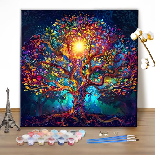 MEIYUDA Peinture par Numero Adulte, Arbre de vie Coloré DIY Peinture à l'huile par Numéros sur Toile Artisanat avec Pinceaux Peintures Acryliques, Decoration Maison Cadeau 40x40cm(sans Cadre)