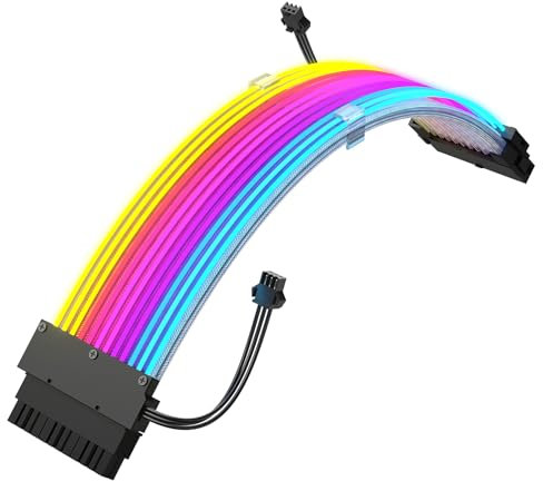 J&D Cavo PSU RGB a 24 pin, Cavo Intrecciato in Alluminio Bianco, Design a Fibra Ottica a Nastro con 24 Perle LED, Cavo di Estensione di Alimentazione RGB Durevole per Header ARGB a 3 pin e 5V