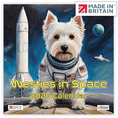 ALLTRADE Kalender 2025, UK-Feiertage, Westies In Space, Monatsansicht 610 x 305 mm, großer Wandkalender 2025, Jan-Dez, tolles Geschenk für Mutter, Vater, Kollegen, Freunde und Familie, hergestellt in
