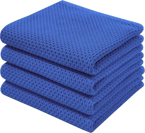 Moosfor 100% Cotton Tea Towels 4 Pk 32 x 71 cm Dish Cloths Blue | Highly Absorbent Soft, Quick Drying, Lint-Free, Grease Removing, Gentle on Cookware, Great for Dishes, Sink & Dining Table