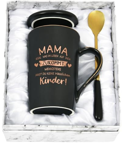 Joymaking Geschenktasse für Mama Kaffeetasse Geschenkidee Muttertag Geburtstag Geschenktasse mit Spruch - Egal was im Leben auf dich zukommt wenigstens hast du keine hässlichen Kinder, 400ML Schwarz