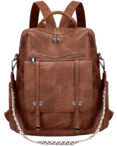 Leathario Rucksakck Damen Wasserdicht,Veganes Leder Cityrucksack,Rucksackhandtasche Mittelgroß, Diebstahlsich Tagesrucksack für Büro,Pendeln,Arbeit,Leicht Elegant Backpack Women Groß für Reise,Braun