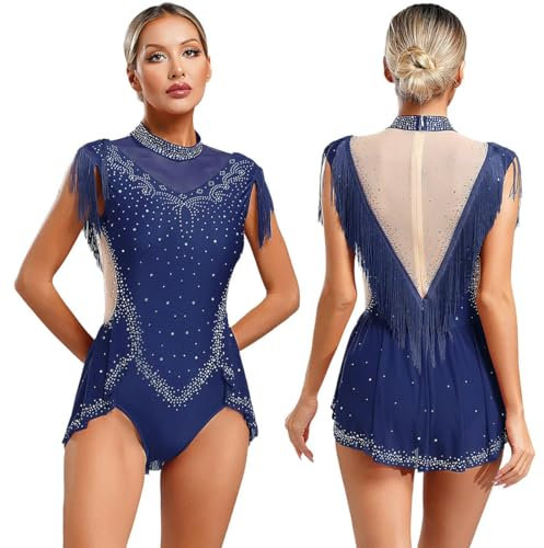 XINLIANYI Ballettanzug für Damen, Latein-Tanzanzug, Eiskunstlauf, Gymnastik, Performance-Kostüm, ärmellos, Quasten-Body, marineblau, XXL