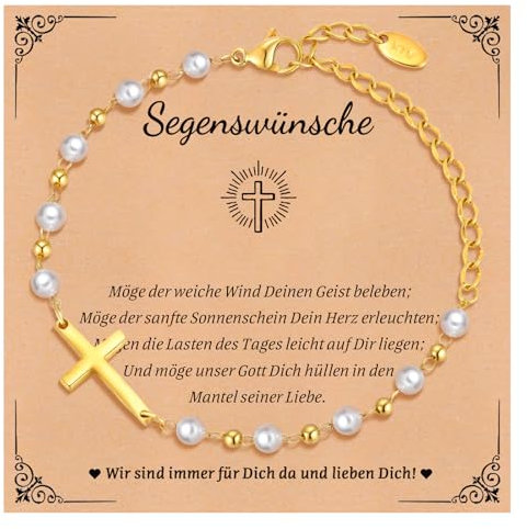 Kommunion Geschenke für Mädchen Kreuz Armband - Perle Armbänder mit Kreuz für Kinder, Vergoldet Kinderarmband für Tauf Firmung Geburt Taufgeschenk Erstkommunion Konfirmation Geschenk für Mädchen Junge