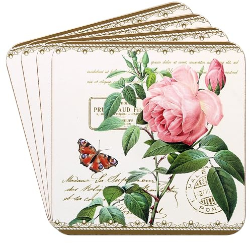 The Leonardo Collection Redoute Rose Coasters Set of 4 Pierre-Joseph Redoute For Home & Office | Stylish Coaster For Tabletops & Dining Spaces | Decorative Home Accessories for Drinks & Tables
