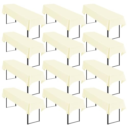 Showgeous 12 Stück Biertisch-Tischdecken für Bierzeltgarnitur, Beige | 250 x 100cm, Blickdichte, waschbare Polyester-Tischdecken für 50 und 70 cm breite Biertische und Bierzeltgarnituren