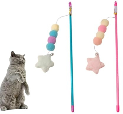 ZAAWUUT Juguetes de varita para gatos, palo de juego interactivo con cuerda elástica, colgante de felpa para gatitos pequeños, ejercicio de gatos, juego de 2
