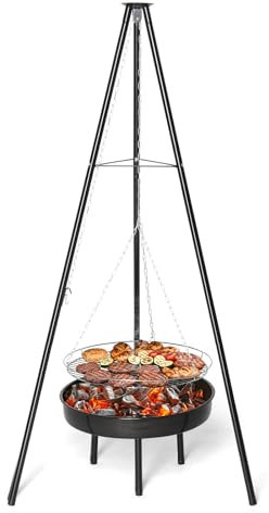 LEADZM Schwenkgrill - Dreibein für Feuerschale inkl. 48 cm Grillrost - Dreibein grill - Höhenverstellbar, große Grillfläche - Outdoor, BBQ, Camping - Schwarz