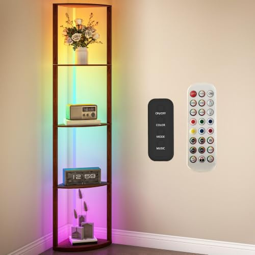 HOMCOM RGB LED Floor Lamp with Shelves 4-Tier Standing Lamp Brown | Dimmable, Adjustable Brightness, Remote Control, Modern Corner Display Shelf Unit, Living Room Bedroom Office