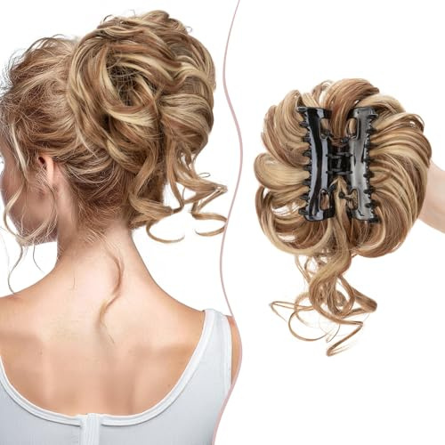 Extensions de Chignon Blond Décoloré Queue de cheval Avec Pince, 75G Chouchou Chignon Cheveux A Griffe Volume Epais Pour Femmes, #12H24