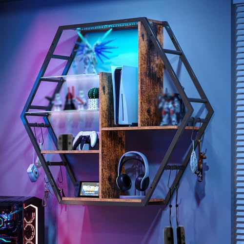39 Wide LED Gaming Floating Shelves, 5 Tier Wall Mounted Shelves with 2 Removable Glass Shelves, Coffee Bar Rack with 8 Hooks, Display Rack for Wall Storage for Gaming Room (Brown)
