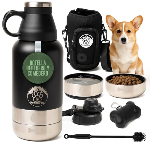 NomadaPaw Trinkflasche für Hunde und Katzen, 1 l, Edelstahl mit 2 Fächern – multifunktionaler Deckel + extra – Tasche mit Beutelspender – Bürste und Knochen für Taschen