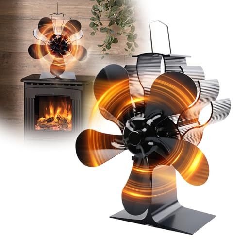 SUNOYA Ofenventilator, Kaminventilator Wärmebetrieben Lüfter für Kaminofen Holzofen ohne Strom mit 5 Flügeln leiser Kamin Lüfter zur Wärmeverteilung für Holz Brennholz Ofenrohr Kaminöfen Schwarz