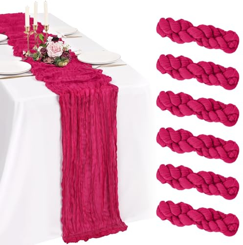 Showgeous Lot de 6 Chemins de Table Rose Choquant 55x300cm Mode Chemin de Table Bohèmes en Gaze,Boho en Tissu Froissé Mousseline Gaze de Coton Rustique pour Mariage,Fête Prénatale Décorations de Table