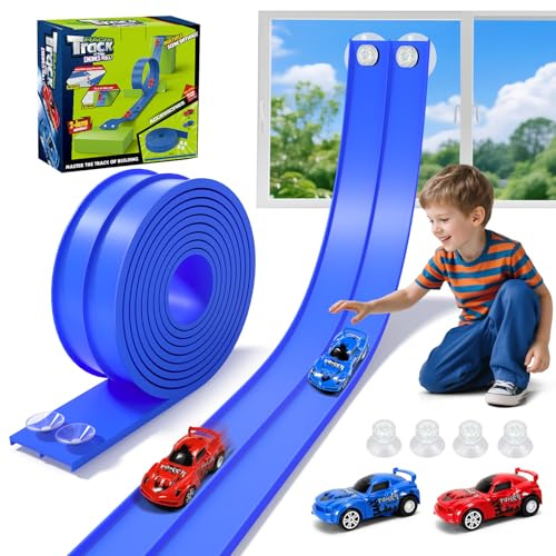 Autorennbahn 5M Inklusive 2 Autos: KETIEE Flexible Rennbahn Kinder 3 4 5 6 Jahre Rennstrecke Auto Rennbahn Spielzeug Autobahn Dual Rennstrecke Rampen für 1/64th Autos Geschenk für Kinder, Blau