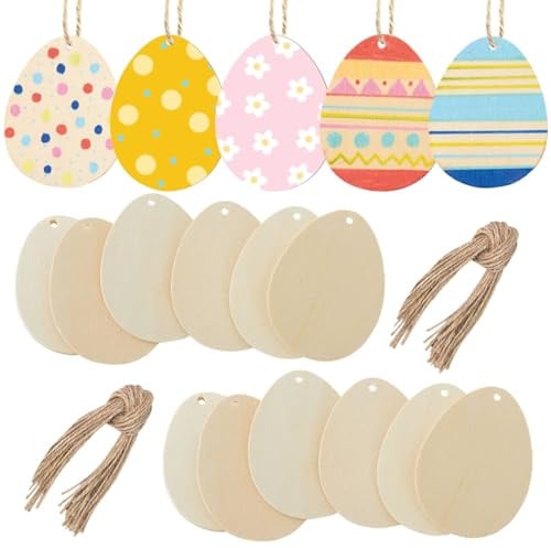 EVBOTGEE Lot de 40 pendentifs en bois de Pâques - 8,5 x 6,5 cm - Avec ficelle - Bricolage - À peindre - Disques en bois décoratifs à suspendre - Pour enfants et adultes