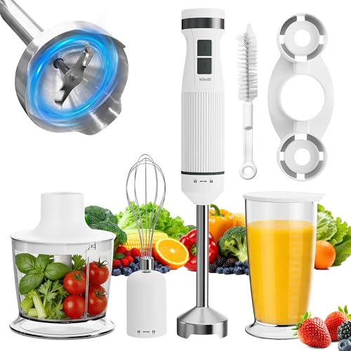 Ribelli Elektrischer Stabmixer Set 1200 W, 5-in-1 Pürierstab, Hand Blender mit 20 Geschwindigkeitsstufen & Turbo, mit Schneebesen, 500ml Zerkleinerer, 700ml Messbecher und Aufbewahrungsregal, Weiß
