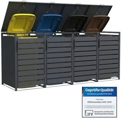 TREVANO Mülltonnenbox 4er 240l - Mülltonnenverkleidung 4 Tonnen Anthrazit - Robustes Mülltonnenhaus aus Stahl - Wetterbeständige Müllboxen für 4 Tonnen - Mülltonnen Unterstand 120l-240l