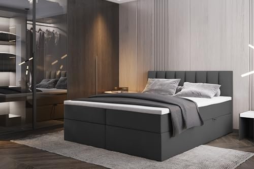 TRADA Boxspringbett mit Bonellmatratze H3 Palermo, 160x200 cm, Dunkelgrau | Elegant Bett mit Matratze, Bettkasten und Topper