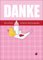 Rosa Dankeskarte/Klappkarte als Dank für Geschenke zur Geburt eines Mädchen mit Babyflasche, Entchen und Lätzchen: Danke für all die lieben Glückwünsche.