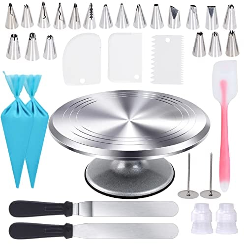 UTEN Plato de Pastel Giratorio Redondo Antideslizante, 33 Kit Equipo de Decoración de Pasteles ,20 PCS Boquillas, 2 Manga, 3 Espátulas,1 Piezas 12 Inch Aluminio Tartas Placa