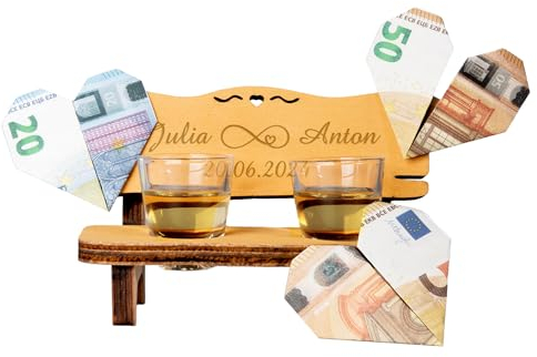 Personalisierte Schnapsbank Hochzeit mit Gravur | inkl. 2 Schnapsgläsern | Hochzeitsgeschenk für das Brautpaar personalisiert | Geschenk zur Hölzernen Hochzeit Hochzeitstag | Unendlichkeit