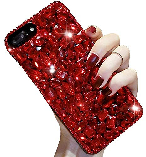 LCHDA für iPhone 7 Plus / 8 Plus Diamant Hülle, Bling Glitzern Strass Glänzend Handyhülle Durchsichtig Klarer Kristall Steine Harte Schale Flexibel Silikon Stoßstange Schutzhülle - Rot