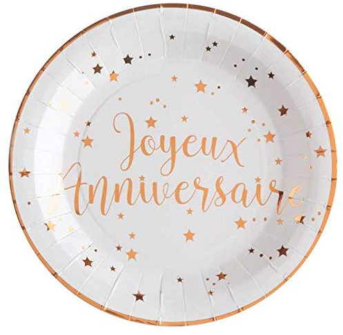 Fitwish 1001decotable - 10 Assiettes en carton Joyeux Anniversaire rose gold