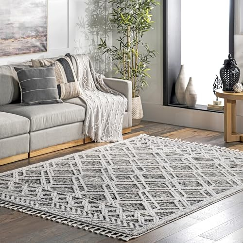 nuLOOM 9x12 Ansley Moroccan Tassel Area Rug, Grey, High-Low Textured Bohemian Design, Plush High Pile, Stain Resistant, For Bedroom, Living Room, Hallway, Entryway