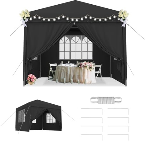 LZQ Tonnelle de Jardin 3 x 3 m - Gris foncé - Imperméable - Protection UV - avec 4 Panneaux latéraux - Système de Montage à emboîtement - pour Jardin, marché, terrasse