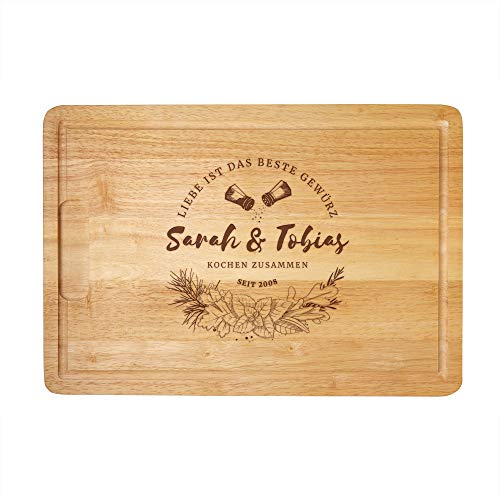 Casa Vivente Schneidebrett aus Holz mit Kulinarischer Gravur, Personalisiert mit Namen und Datum, Motiv Gewürzliebe, Dekoratives Küchenbrett für Paare zum Valentinstag oder zum Jahrestag