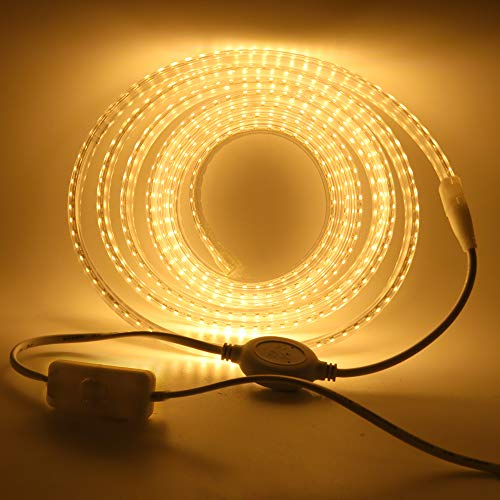 XUNATA LED Strip Streifen mit Schalter, 220V 2835 SMD 120leds/m IP65 Wasserdicht, Kein Bleidraht, Flexibel LED Lichtband Seil Licht Schlauch für Hausbeleuchtung Dekor Bar (Warmweiß, 5M)
