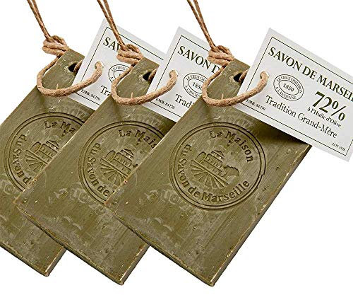 Savon de Marseille - French Olive Soap Slice - 72% Organic Olive Oil Soap on a Rope - Multipurpose - 250 Gram Slice - Set of 3