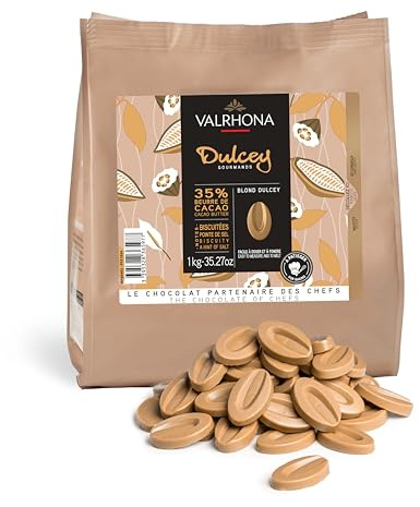 Valrhona Premium French Baking Blonde Chocolate Discs (Fèves) Dulcey 35% Cacao, Notes de Caramel Crémeux et de Cookie, Facile à Faire Fondre et à Tempérer, Crémeux, Équilibré, Pour Glaçages Onctueux