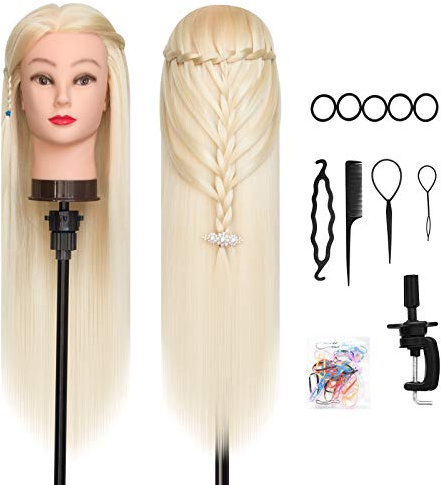 Frisierkopf, DanseeMeibr 26-28 Inch 100% Kunsthaar Weich Professioneller Friseurkopf Übungskopf Frisurenkopf Trainingsköpfe Mit Halter + DIY Haare Frisuren Set(Blond)