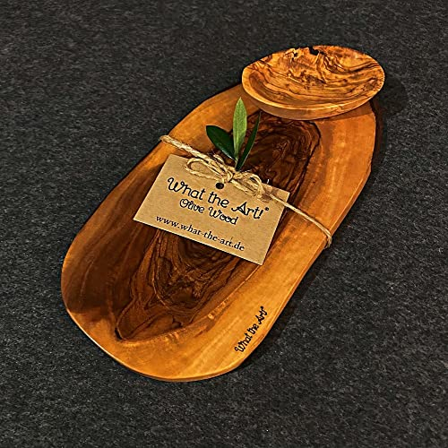 What the Art!® Olive Wood «Vesper» Gr. S | Olivenholz Schneidebrett + Dip-Schälchen | Handarbeit | ca. 25-26 x 11-13 x 2 cm | Käsebrett - Servierbrett - Brotzeitbrett - Vesperbrett