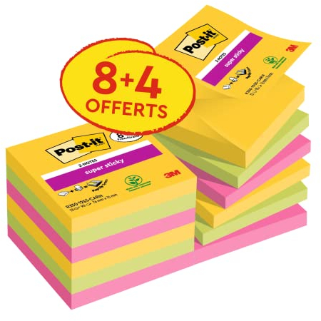 Post-it Super Sticky Z-Notes Carnival Color Collection,Value Pack, Pack of 8 + 4 Free Pads, 90 Sheets per Pad, 76 mm x 76 mm, Yellow, Green, Pink - Extra Sticky Notes for Note Taking & to Do Lists
