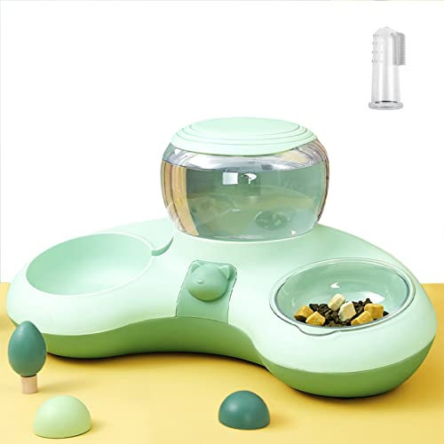 Gamelle Chat Double Bol en Croissant avec Distributeur d'Eau Automatique Grande Capacité et Brosse à Dents Gratuite (Vert)