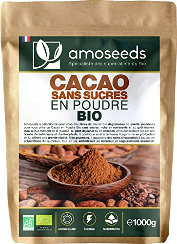 Cacao Sans Sucre en Poudre Bio 1KG | 100% de Fèves de Cacao Dégraissées Bio | Goût chocolaté intense | Qualité Supérieure