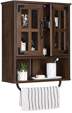 Rustown Wandschrank aus Holz mit Kreuz-Glastüren, Bauernhaus Wandschrank, Wohnzimmer, dunkles Walnuss