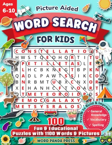 Word Search for Kids with Pictures: 100 Fun & Educational Wordsearch Puzzle Book with 1100 Words & Images for Coloring - Brain Booster Activity Book for Kids Ages 6-8, 8-10 & Smart Children Ages 4-6