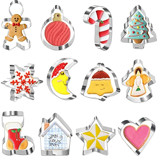 Mini Christmas Cookie Cutters Set of 12 Pieces Small Christmas Xmas Biscuit Cutters Star Tree Angel Bell Stocking Heart & More Shapes Stainless Steel for Holiday Baking