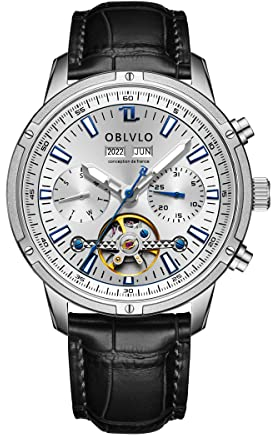 OBLVLO Luxusmarke Klassische Mechanische Uhr DREI Fenster Automatikuhr für Herren Edelstahl Tourbillon wasserdichte Uhr cm-T (CMT-YWB)