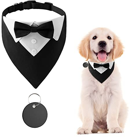 URROMA 1 Piece Formal Dog Tuxedo Bandana, Dog Wedding Collar with Bow Tie and Neck Tie Adjustable Black Pet Costume Bowtie Neckerchief for Small Dogs and Cats, M