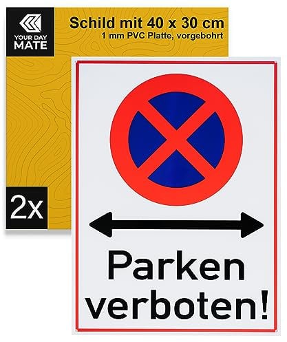 Hinweisschild Parken verboten!, 2 Stück, 40 x 30 cm, 1 mm starkes PVC Schild mit Bohrlöchern, Parkverbot für Innen- und Außenbereich, Parken verboten Schilder Privatgrundstück, Garage, Pfosten