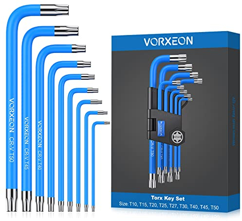 VORXEON Jeu de Clé torx percée coudée T10 à T50, 9 Pièces Clé Star étoile Cle Alle Antidérapant Résistant à la rouille avec support pliable