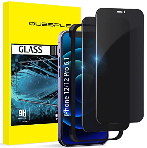 QUESPLE [2 Pièces Verre Trempé Anti Espion pour iPhone 12/12 Pro 6,1 Pouces, Film de Confidentialité Protection en Écran, Équipé d'un Outil d'Alignement Simple [Dureté 9H ][Compatible Coque]