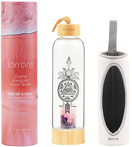 Larrare Crystal Water Bottle with Gem Pod, Crystal Infused Water Bottles with 3 Changeable Healing Crystals Inside Amethyst, Rose Quartz, Clear Quartz | Sleeve with Opening, Sacred Boho Deisign, 19oz